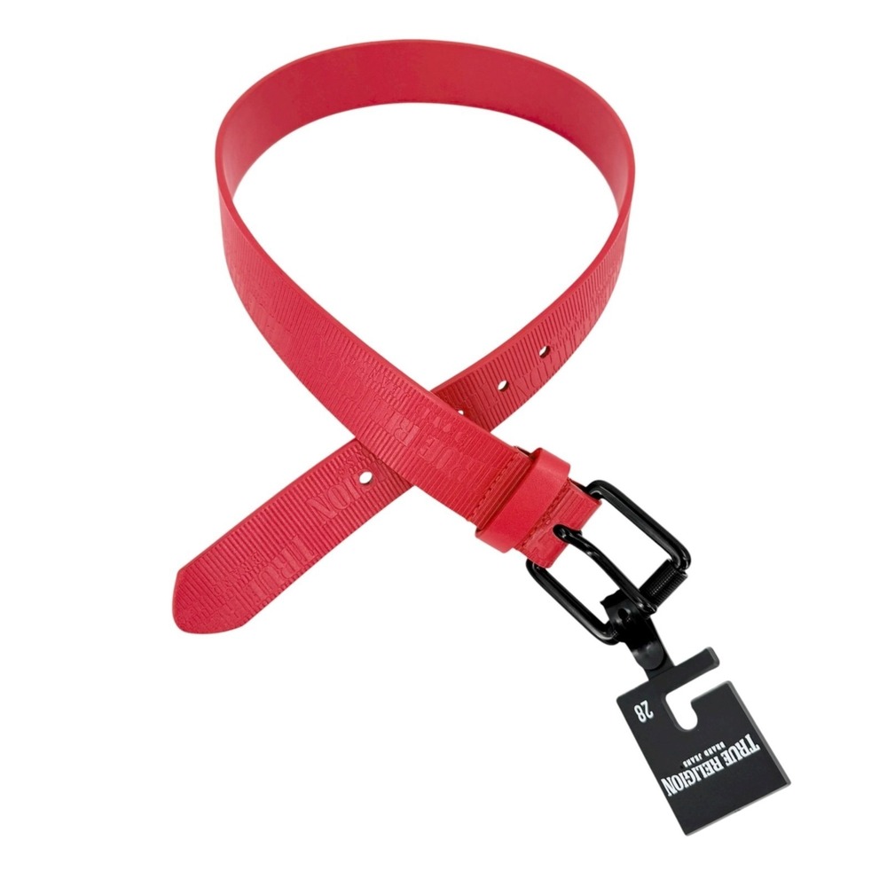 True Religion Mens Red Belt Textured Logo Roller Buckle Faux Leather Size 28 NWT